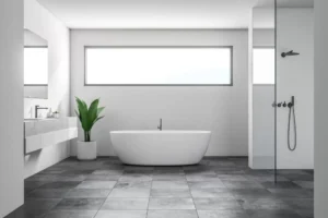 Modern bathroom with a freestanding tub, walk-in shower and tiled floor